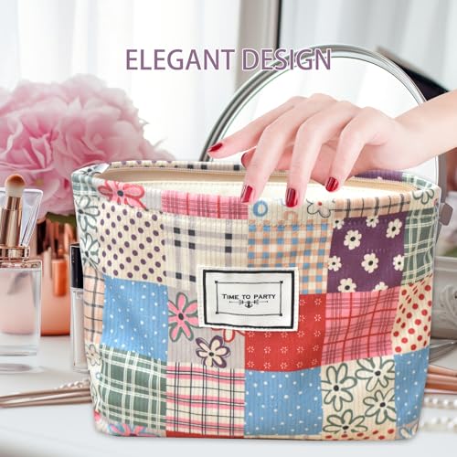 KeYaMee Patchwork Makeup Bag Travel Cosmetic Organizer for Women, Large Capacity