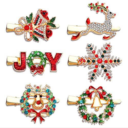 6PCS Xmas Hair Clips Set - Christmas Hair Barrettes with Reindeer, Snowflake & Jingle Bell