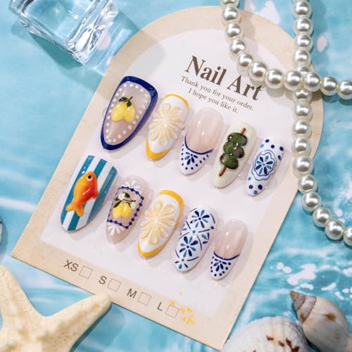 24Pcs Almond Press on Nails - Cute French Tips Manicure Set