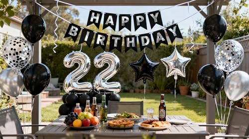 22nd Birthday Decoration Set for Men - Black & Silver Balloons