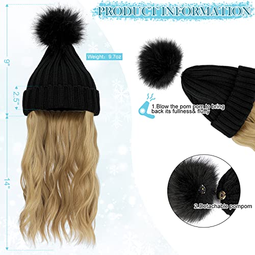 Ash Blonde Wig Beanie Hat with 14" Long Wavy Hair Extensions