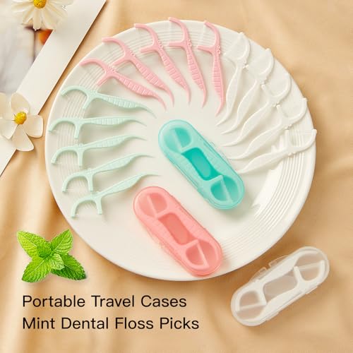 Green Mint Dental Floss Picks with 2 Travel Cases & 65 Refills - LIAMOSS