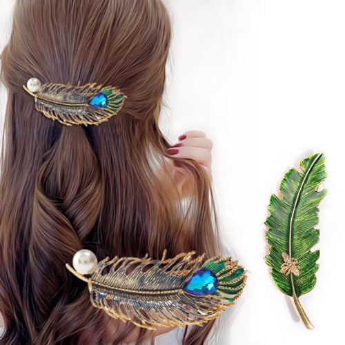 Feather & Leaf Metal Hair Clips 2-Pack Rhinestone Barrettes 70mm Medium