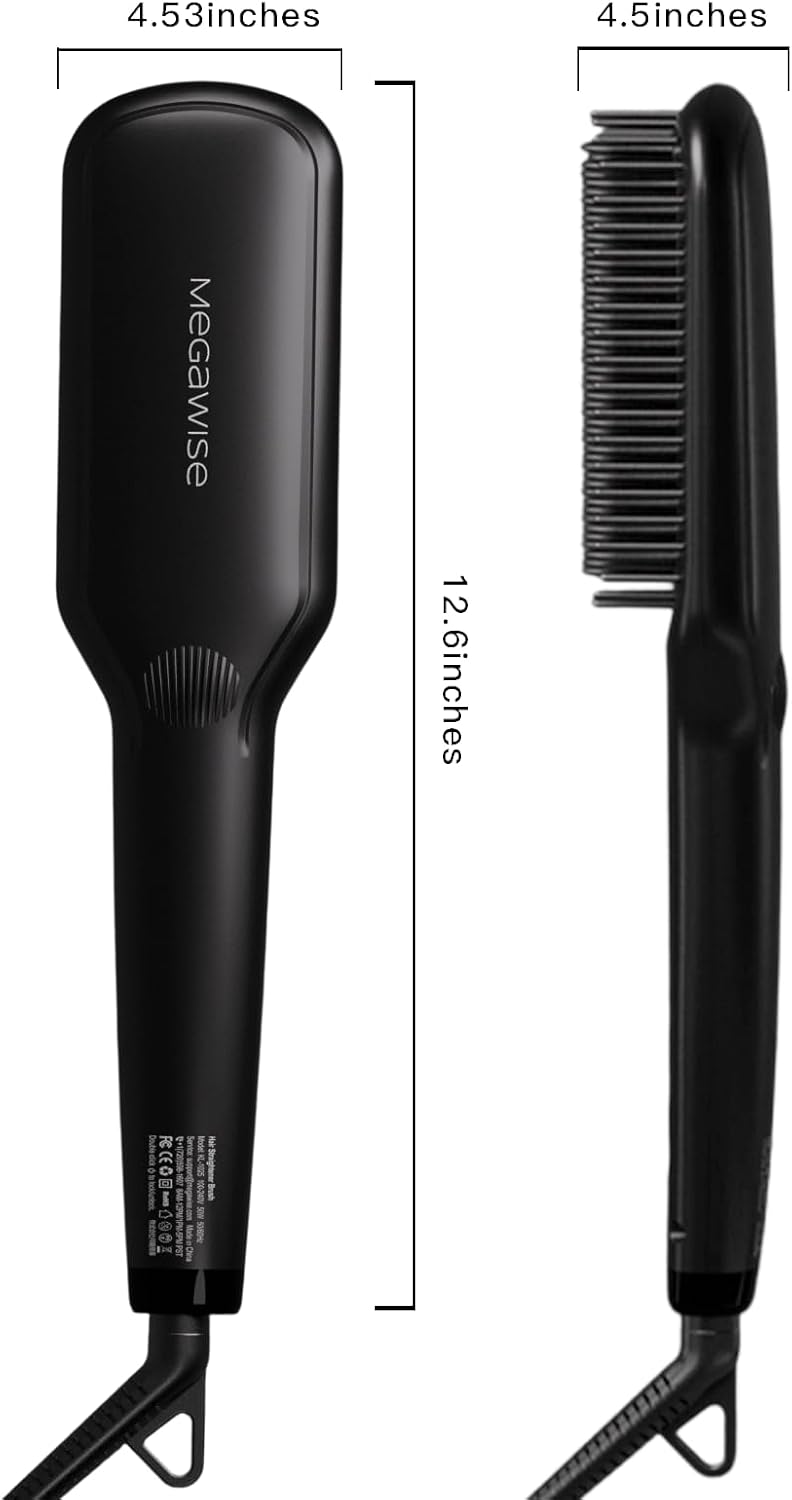 MEGAWISE Pro Ceramic Ionic Hair Straightener Brush - Fast 20s Heat, Auto-Off, Anti-Scald, Dual Voltage | Black