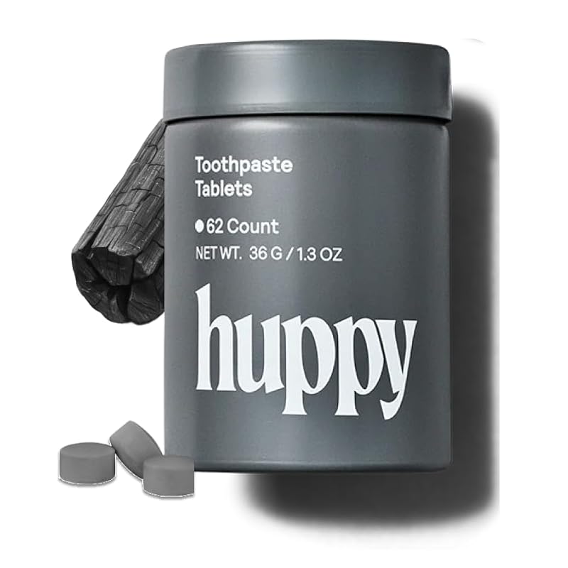 Huppy Toothpaste Tablets with Refillable Tin - Fluoride-Free, Charcoal Mint, 62 Count