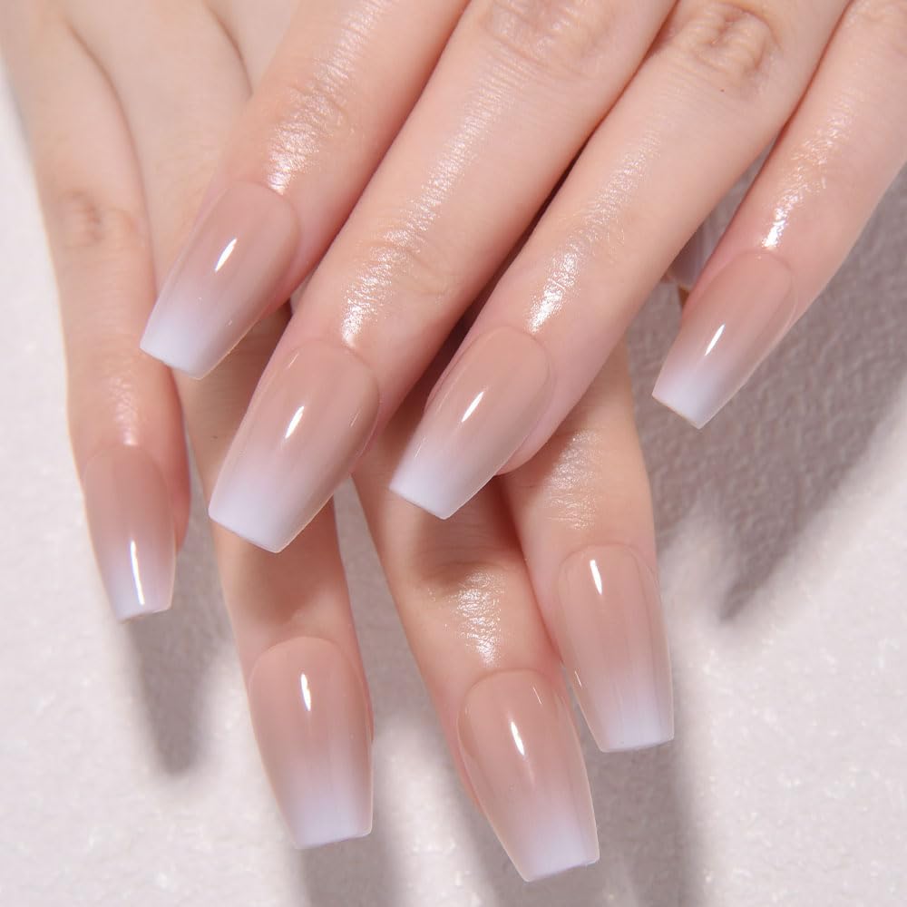 Cat Eye French Tip Press-On Nails - Nude & Pink Short Almond | Reusable Glue-On Nails with Gold Line for Weddings & Parties