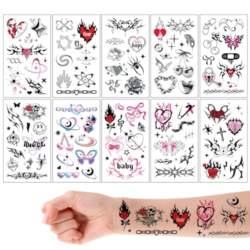 Y2K Aesthetic Temporary Tattoos Set - 10 Sheets Waterproof Stickers