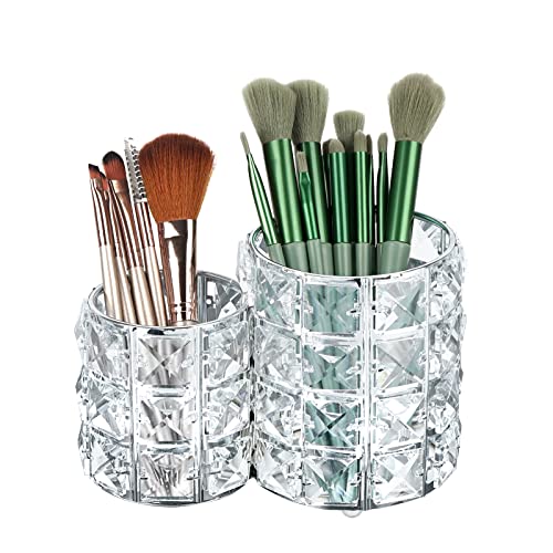 LUEXBOX Silver Crystal Makeup Brush Holder - 2-Compartment Vanity Organizer