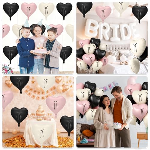 10 Pcs Pink and Black Heart Balloons with Ribbons - 18 Inch