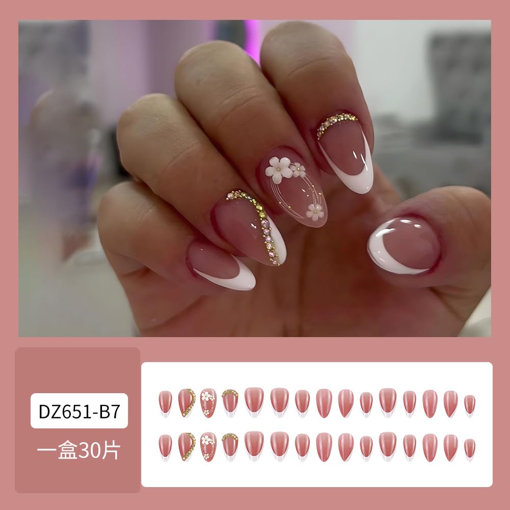 30Pcs White French Tip Press on Nails Medium Almond 3D Flower Fake Nails with Gold Rhinestone Designs Summer Pink False Nails Handmade Stick on Nails Artificial Nails Spring Glue on Nails for Women