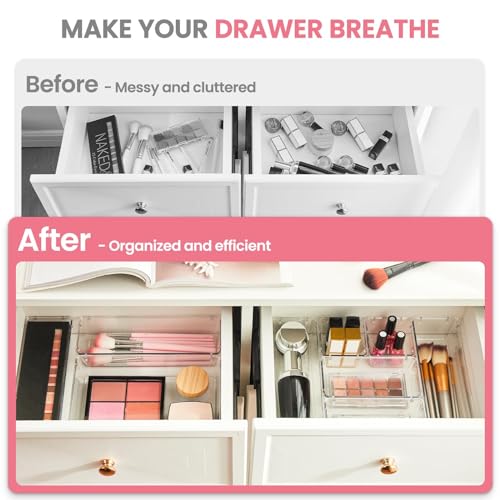 HOUSE DAY 17 Pcs Makeup Drawer Organizer Set - Clear Non-Slip Storage Trays