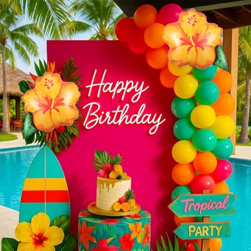 Tropical Hibiscus Flower Foil Balloons & Palm Leaves Set