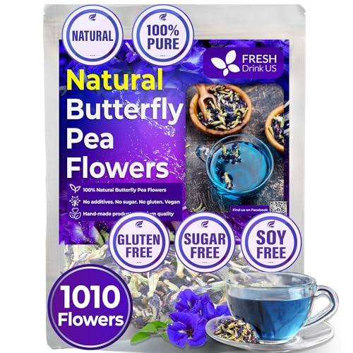 Premium Dried Butterfly Pea Flowers for Herbal Tea Brewing - 1010+ Whole Flowers, Caffeine Free & Vegan
