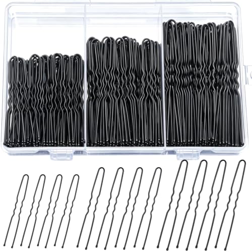 Teenitor 210 Black Hair Pins 3 Sizes U-Shaped Bobby Pins for Buns (2, 2.4, 2.8) — Clear Storage Box