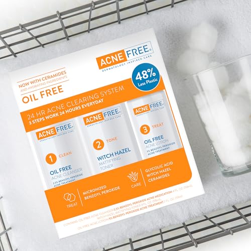 AcneFree 3 Step Acne Treatment Kit for Teens & Adults - 24 Hour System with Oil Free Cleanser, Toner & Lotion