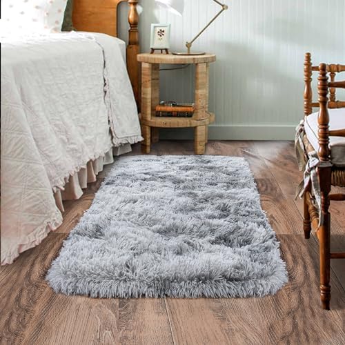 Fluffy Light Grey Area Rug 2x3 - Soft Shaggy Bedroom Carpet