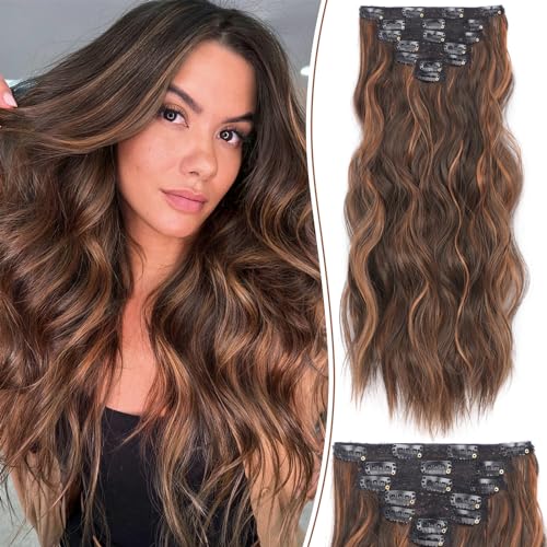 KooKaStyle 7-Piece Clip-in Wavy Hair Extensions, 20-Inch Auburn Mix