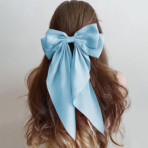 Large Silky Satin Blue Bow Hair Clip with Long Tails for Women