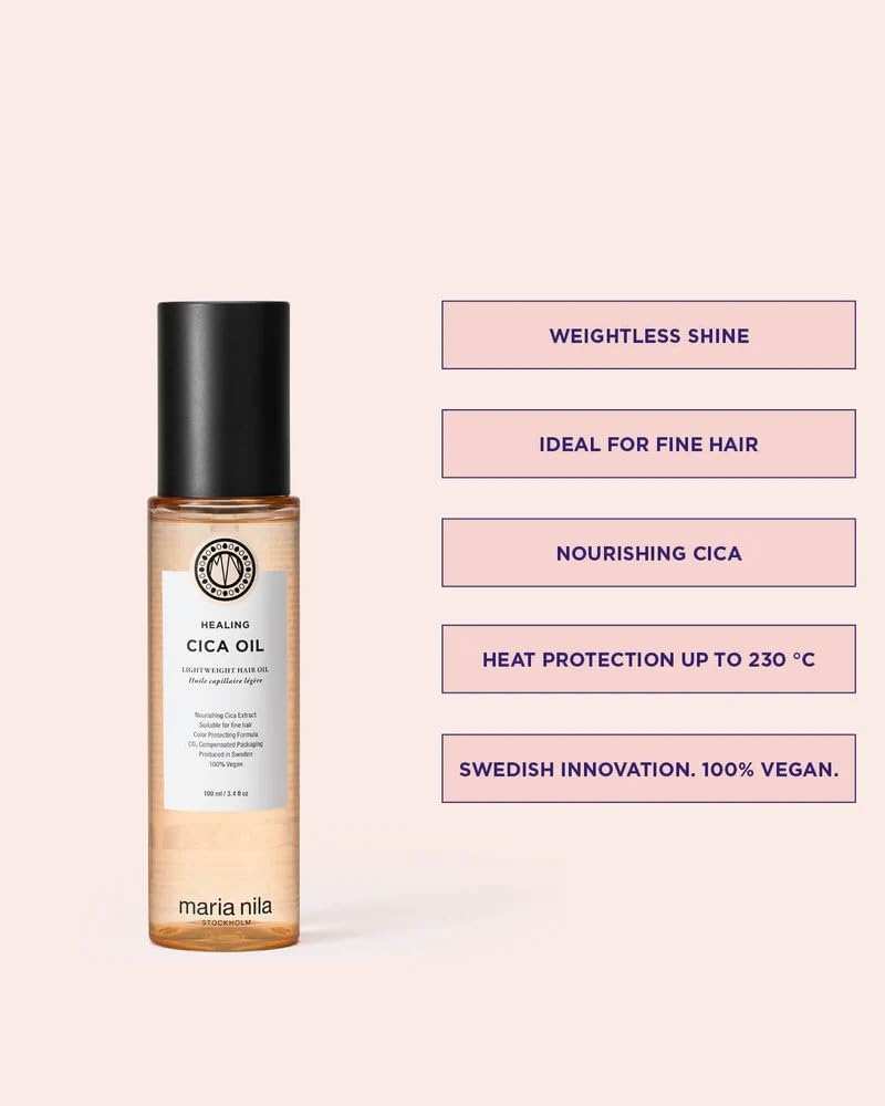 Maria Nila, Healing Cica Oil, 3.4 Fl Oz, Weightless Hair Oil designed to deliver Softness & Shine, Infused with Tiger Grass (Cica) & Soothing Peach Flower