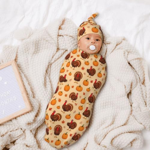 Turkey Pumpkin Baby Swaddle Blanket with Matching Hat - Soft & Safe for 0-6 Months