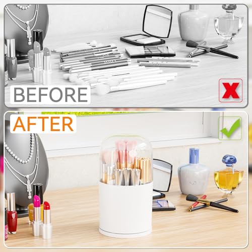 Yieach White Rotating Acrylic Makeup Brush Organizer with Lid, 6 Compartments, Vanity & Bathroom Storage