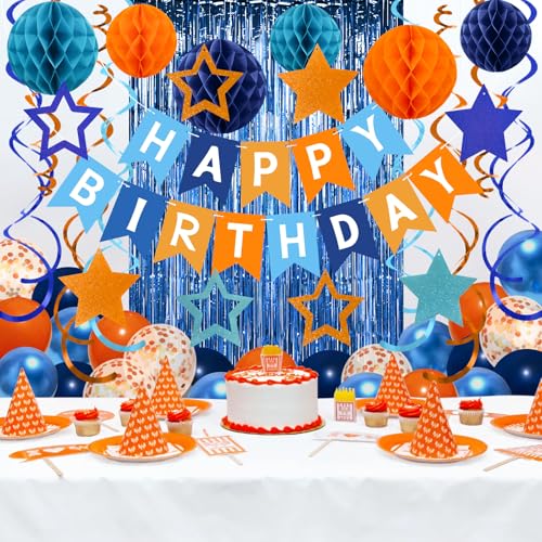 Navy Blue and Orange Birthday Decorations Set - Recosis Party Supplies with Balloons, Banner, Honeycomb Balls & Streamers