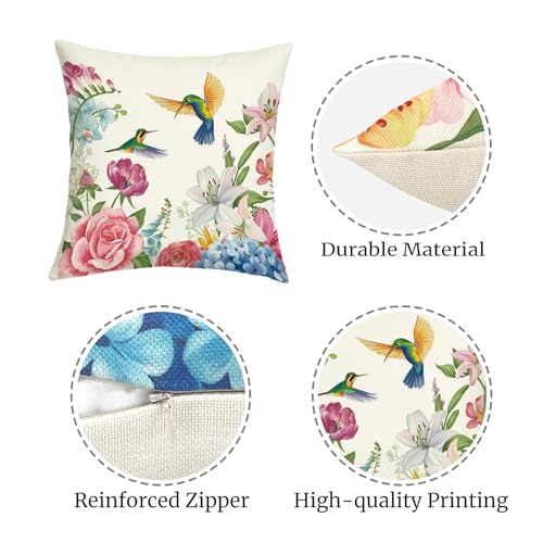 Floral Hummingbird Throw Pillow Covers, Set of 4, 18x18
