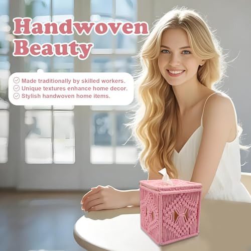 Handwoven Boho Tissue Box Cover - Decorative Pink Holder