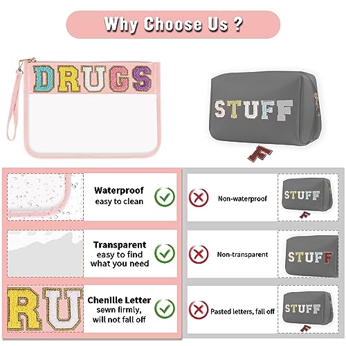 Izuzta A-DRUGS-Pink Chenille Letter Waterproof Makeup & Medicine Pouch with Wristlet