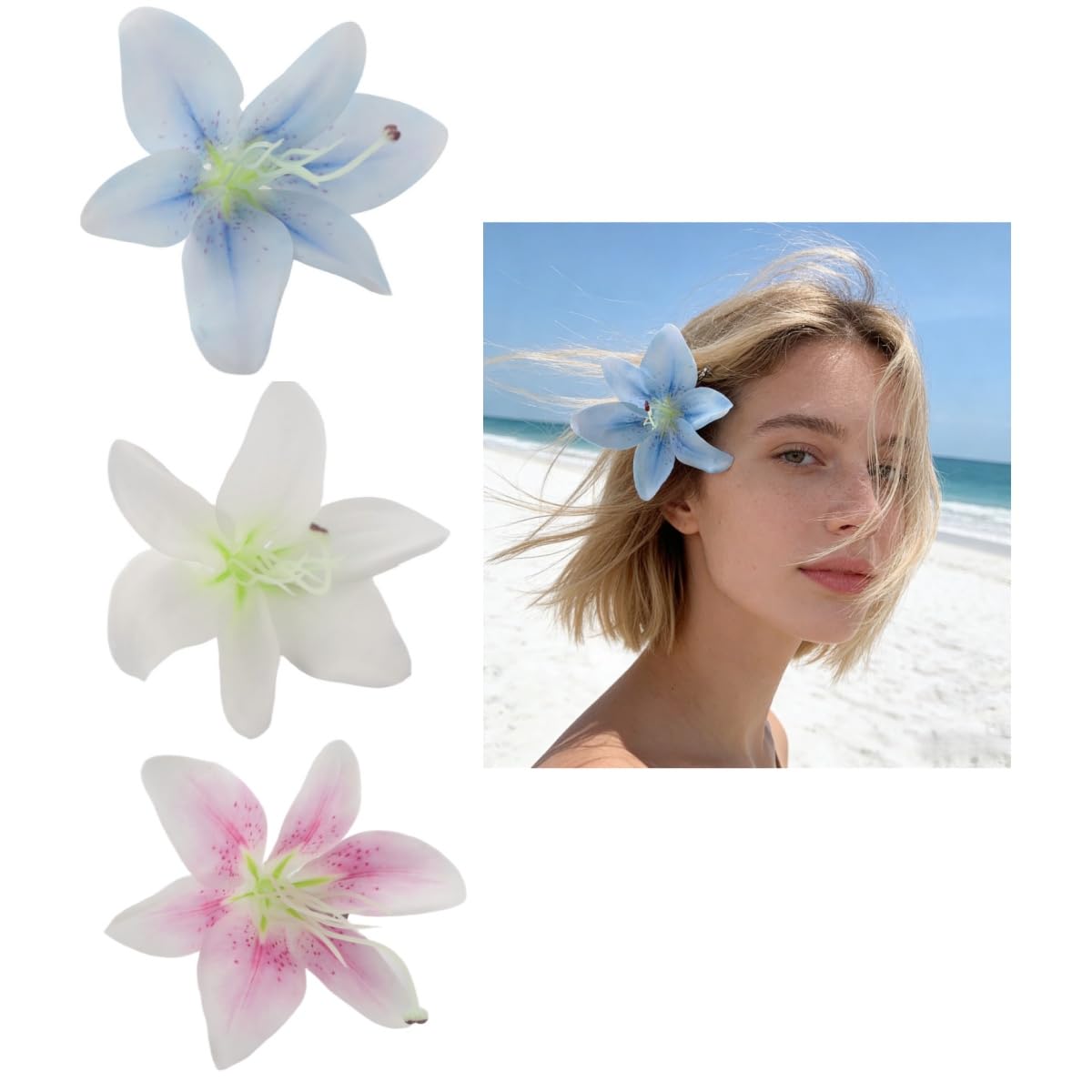 Lily Flower Hair Clips for Women - Tropical Floral Barrettes for Weddings & Prom | White & Red Tiger Design
