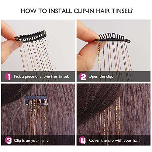 Clip-In Hair Tinsel Extensions Bronze Highlights 20.5in 6pcs - Synthetic Fairy Hair for Party & Cosplay