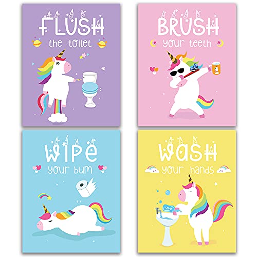 Funny Unicorn Bathroom Decor Art Prints Set of 4, 8x10