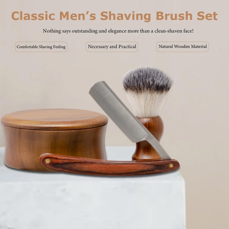 Men's Classic Shaving Set, Danweix Safety Straight Razor Shaving Brush with Wooden Shaving Soap Bowl Professional Barber Choice for Gentlemen