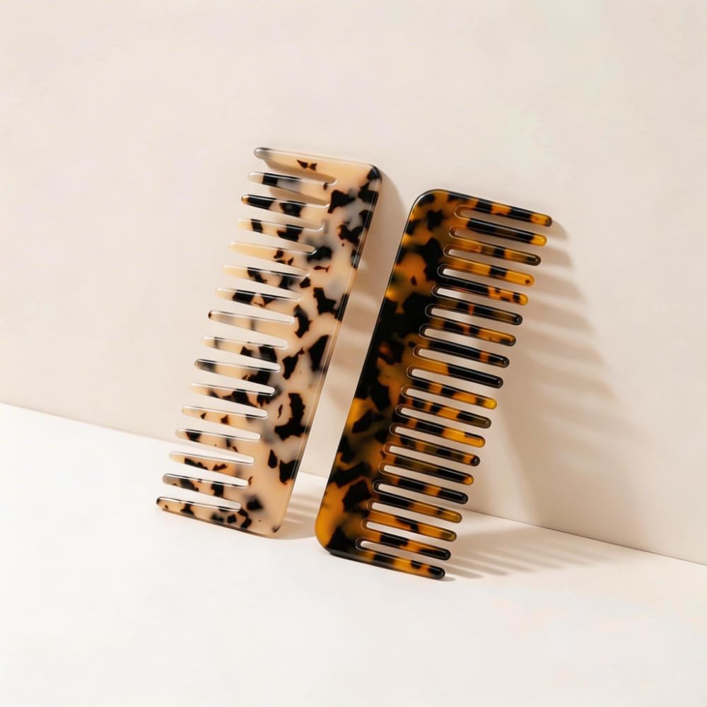 Marble Patterned Hair Comb Set - Large Wide Tooth Detangling Combs for Thick Curly Hair | Ivory Color
