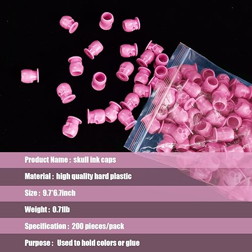 YILONG Skull 200pcs Disposable Tattoo Ink Cups with Stable Base Pink - 14mm Cap, 18mm Base