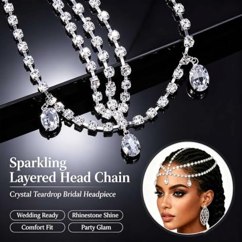 Yalice Silver Layered Head Chain with Rhinestones - Adjustable Bridal Hair Jewelry