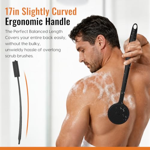 VWMYQ Black 17-Inch Silicone Back Scrubber with Long Handle - Double Sided Shower Body Brush for Exfoliating & Massage