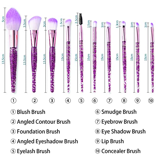 ANROLA 10-Piece Glitter Handle Makeup Brush Set with Cosmetic Bag - Professional Face & Eye Brushes