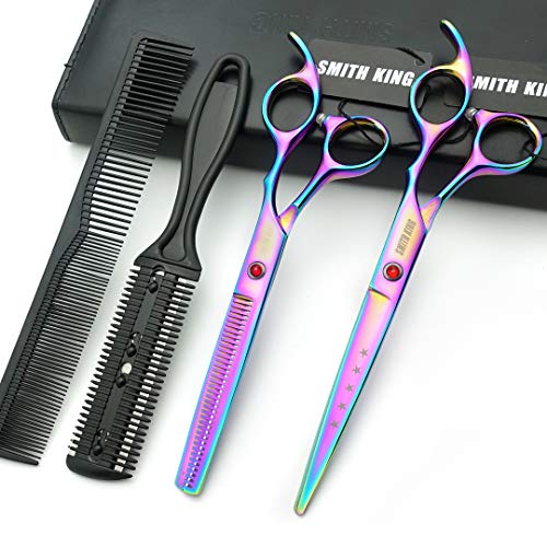 Smithking 7.0 Inch Rainbow Hair Cutting & Thinning Shears Set with Case & Combs