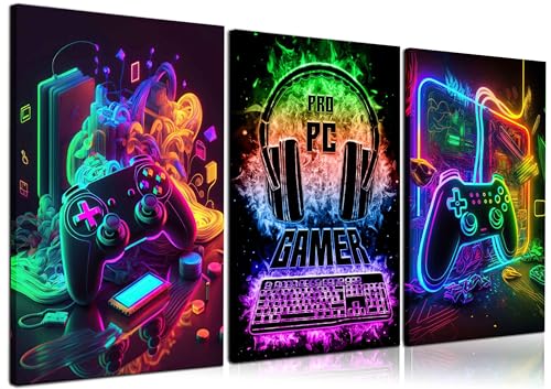 Gaming Wall Art - 3Pcs Colorful Neon Gamepad Canvas Prints 12x16in