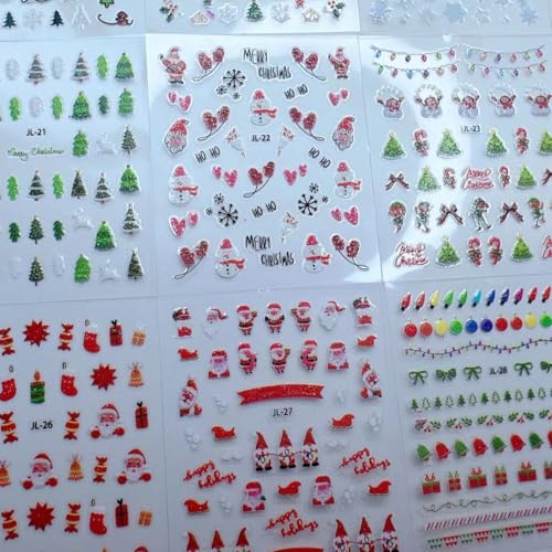 KZBTRBT Colorful Glitter Christmas Nail Art Stickers 3D Snowflake Santa Reindeer Cute Decals - 33