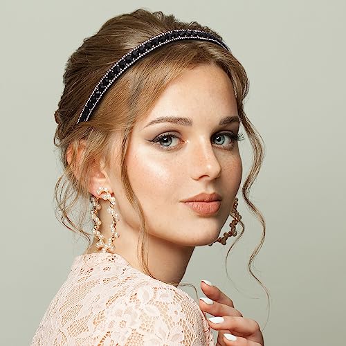 HINZIC 2 Pack Rhinestone Headbands for Women - Black & Silver Non-Slip Hair Accessories
