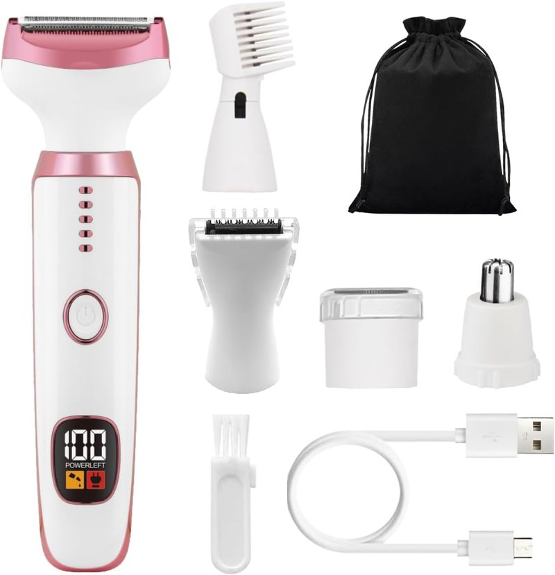 Electric Razors for Women, 5 in 1 Painless Ladies Wet & Dry Body Razors and Facial Hair Remover, Rechargeable Facial and Body Hair Remover for Face Nose Eyebrow Arms Armpit Legs Pubic Area（White）