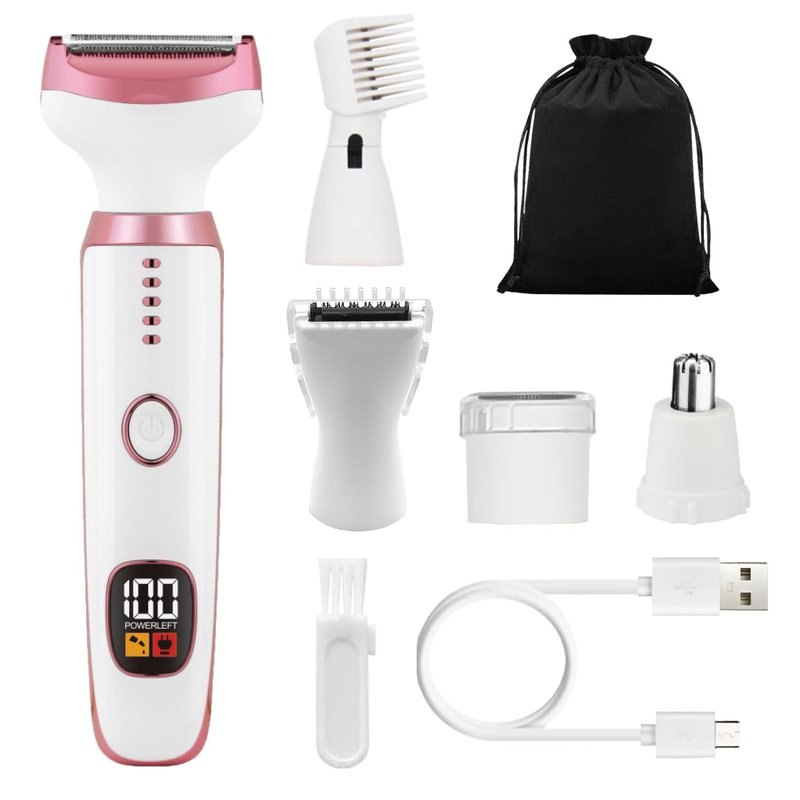 Electric Razors for Women, 5 in 1 Painless Ladies Wet & Dry Body Razors and Facial Hair Remover, Rechargeable Facial and Body Hair Remover for Face Nose Eyebrow Arms Armpit Legs Pubic Area（White）