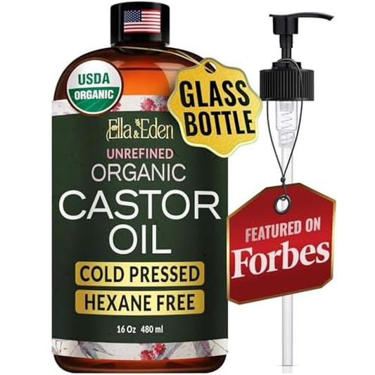 Ella & Eden USDA Organic Castor Oil ? 100% Pure Cold Pressed Hexane-Free - Glass Bottle - For Hair Growth, Face, Eyelash, Skin, Stomach - Unrefined 16 Fl Oz