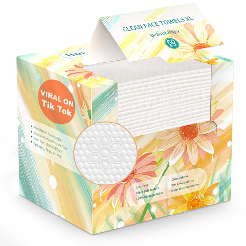 Beauntangly XL Biodegradable Face Towels - 50 Soft, Lint-Free Wipes