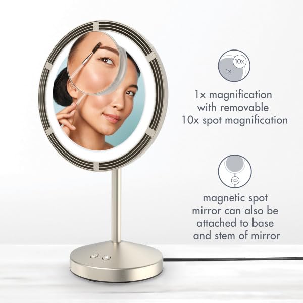 Conair LED Makeup Mirror - Lighted Vanity Mirror with Fan & Spot Magnification | 6.3-Inch Brushed Satin Nickel Finish