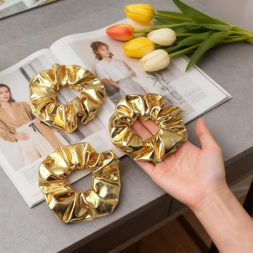 Gold PU Leather Hair Scrunchies - 4 Pack for Women & Girls