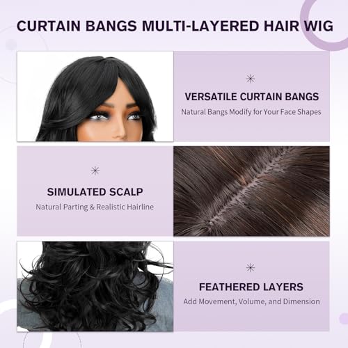 Black Wavy Layered Wig with Curtain Bangs - 20 Inch Synthetic Cosplay Hair