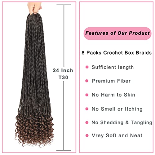 24-Inch Pre-Looped Box Braids Crochet Hair with Curly Ends - 8 Packs